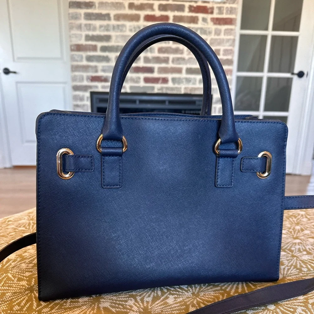 Michael Kors Hamilton East West Navy Saffiano Leather Satchel with Gold Hardware